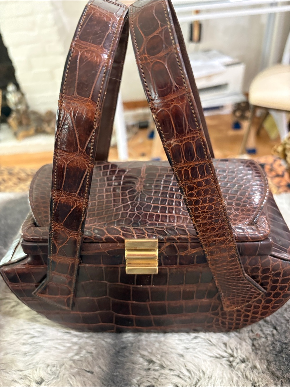 Vintage Brown Croc Embossed Leather Top Handle Bag